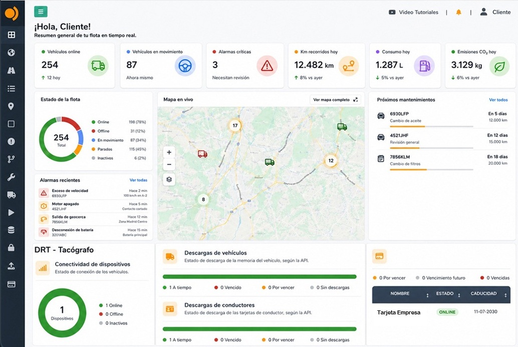Vigilo-Plattform: Fahrzeuge der Flotte auf der Karte von Spanien